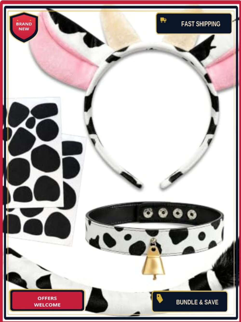 Cow Costume Set Ears Headband Cowbell Collar Choker Tail Felt Pads Halloween